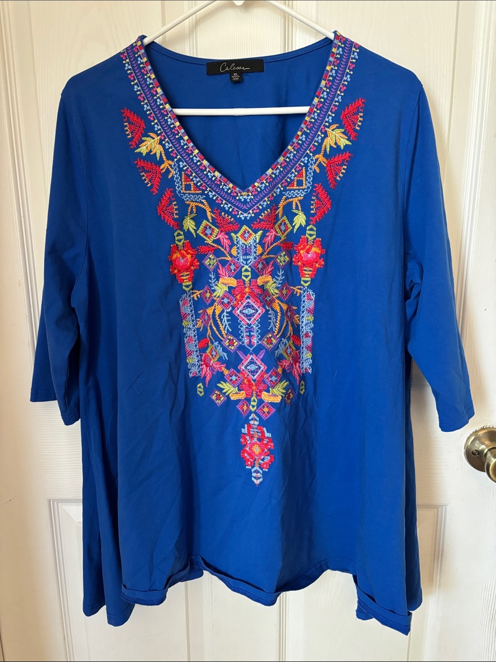 Calvin Royal Blue Embroidered V-Neck Tunic